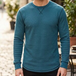 Helix Mens Waffle Knit Thermal Long Sleeve Shirt Teal Blue Crew Neck 4935